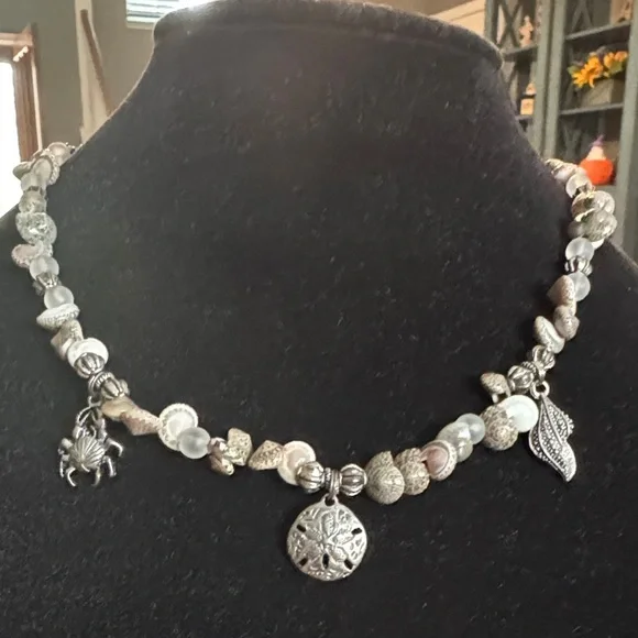 Hand Crafted Silver and Cream Beach Charm Necklace - Picture 1 of 4